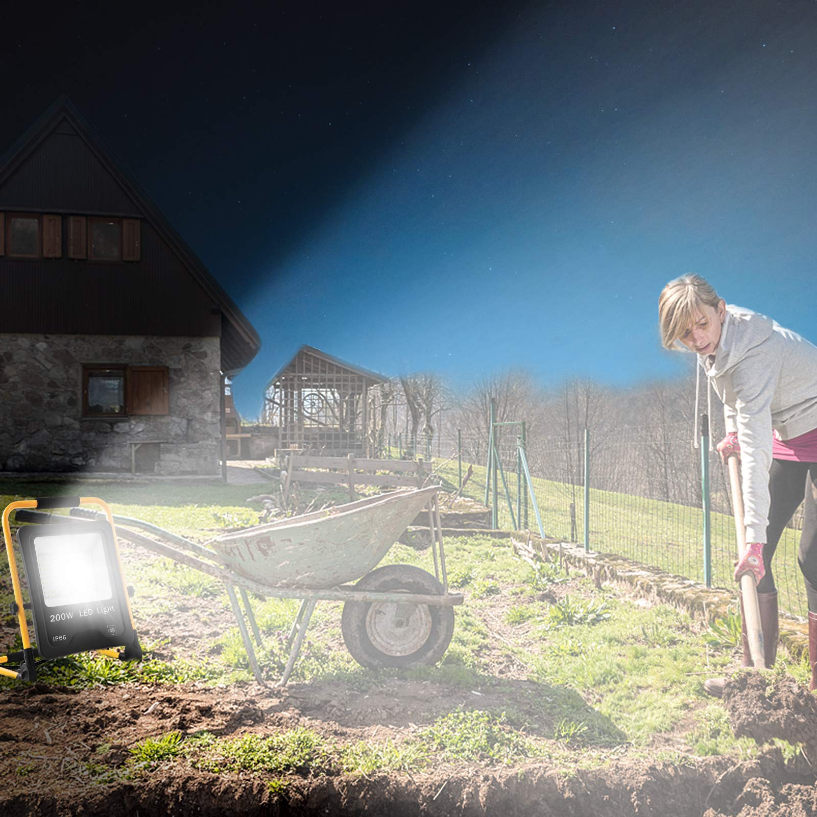 Aufun Foco LED portátil de 200 W con enchufe, con cable de alimentación de 3 m, lámpara de construcción con brazo plegable, foco ajustable, IP66 resistente al agua para obras, talleres, blanco frío
