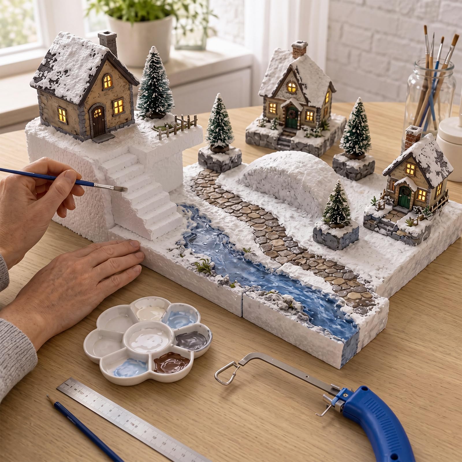 Pangda Lot de 10 présentoirs de village de Noël assortis en blocs de mousse