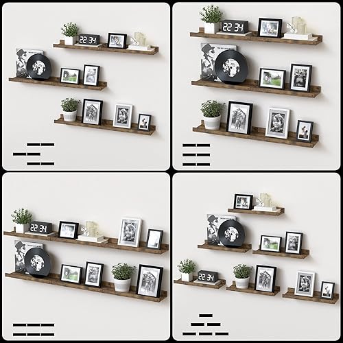 Miniatura 6 de Juego de 6 estantes flotantes, estantes de pared de granja con labio, estantes de exhibición para decoración de pared, repisa rústica para sala de