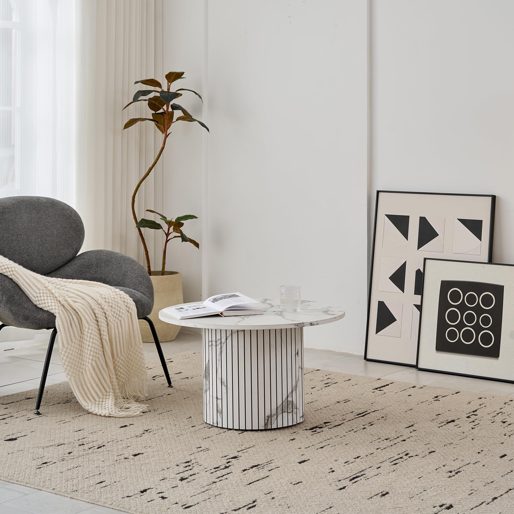 Ensemble de 2 Tables Basses Rondes Gigognes, Table Basse Moderne à Tambour Cannelé pour Salon, Chambre, Balcon et Bureau (Blanc (Grain de marbre))