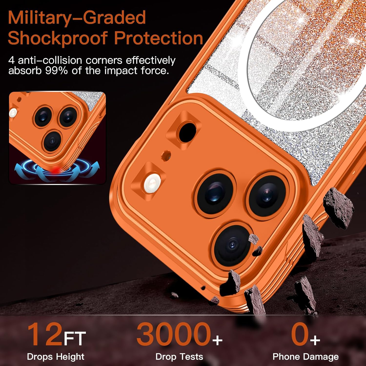 Hekodonk for iPhone 17 Pro Max Case, Compatible with Magsafe [Built-in Tempered Glass Screen Protector & Camera Lens Protection] Full Body Shockproof Protective Women Girl Bling Case,Orange iPhone 17 Pro Max Orange