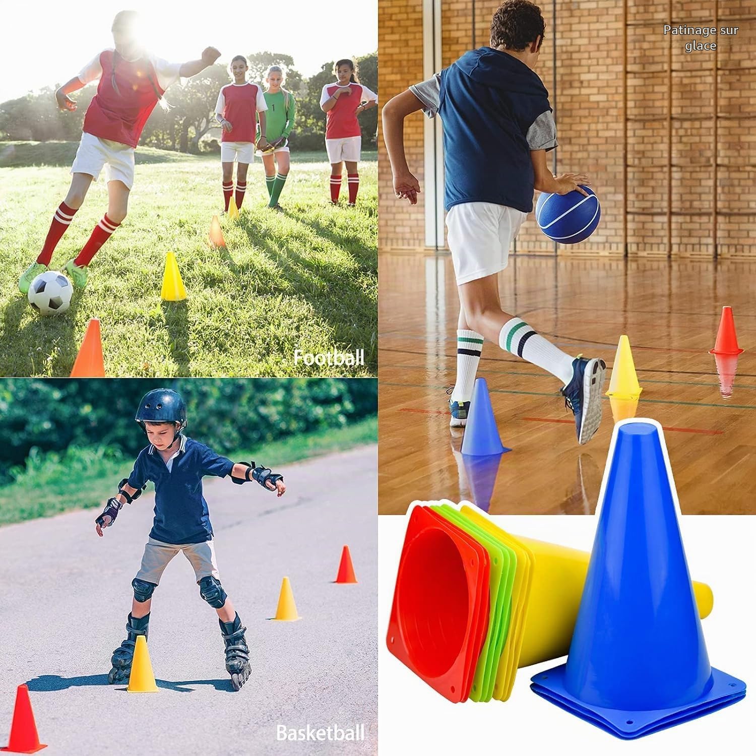12pcs Cônes de Signalisation, 4 Couleurs Cones de Sport 23 Cm, Cone Plastique Activités Intérieures/Extérieures pour Football, Soccer, Jeux, Cône Entrainement, Plot Sport Enfant