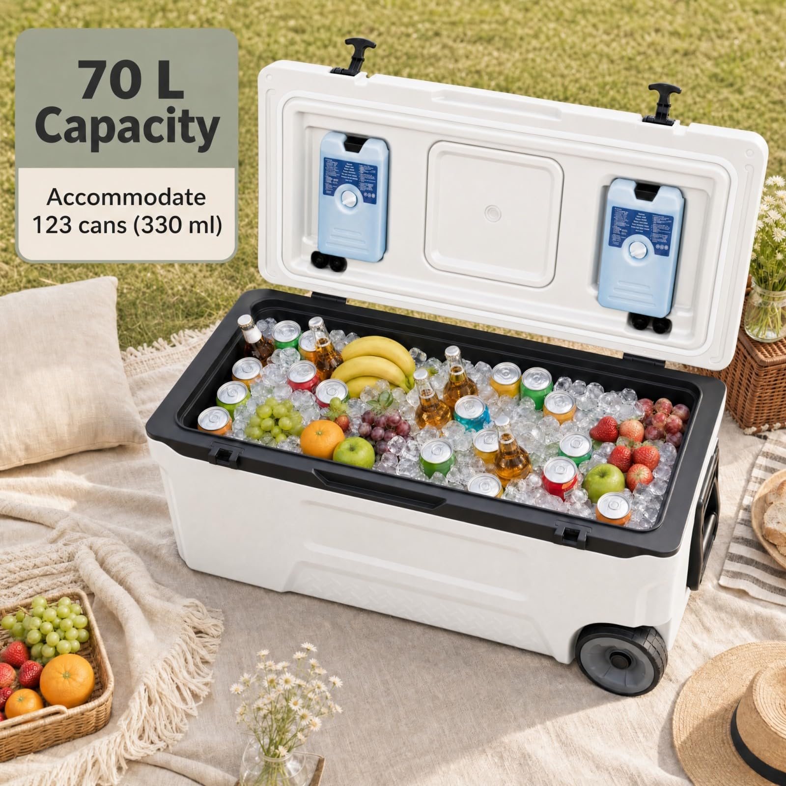 LIFEZEAL Glacière 50/70 L Isotherme, Boîte Réfrigérante Grande Capacité | Maintient Froid 151H et Chaleur 32H, Siège d'Appoint, Porte-Gobelets, Décapsuleur, Règle de Pêche, pour Pique-Nique Camping