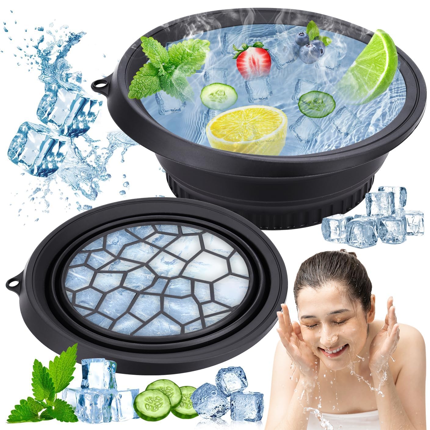 JHBK. Face Bowl for Ice with Built-in Icetray β Collapsible Silicone Facial Ice Bath Bowl for Easy Storage & Carrying,Face Ice Bath Bowl for Cold Plunge Therapy,Facial Plunge Bowl for Home & Travel (Black)