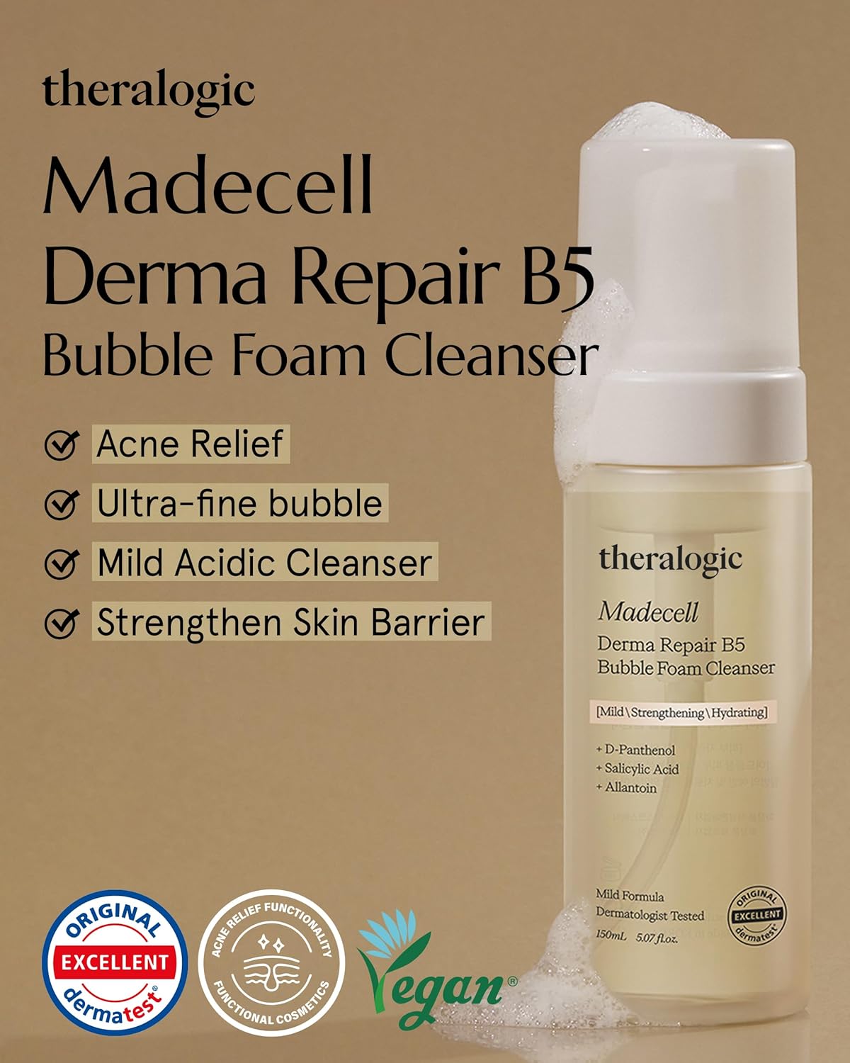 Madecell Derma Repair B5 Bubble Foam Cleanser - Panthenol & Salicylic Acid BHA - Korean Acne Calming Bubble Face Wash - Hypoallergenic, Vegan, Fragrance Free, 5.07 fl.oz.