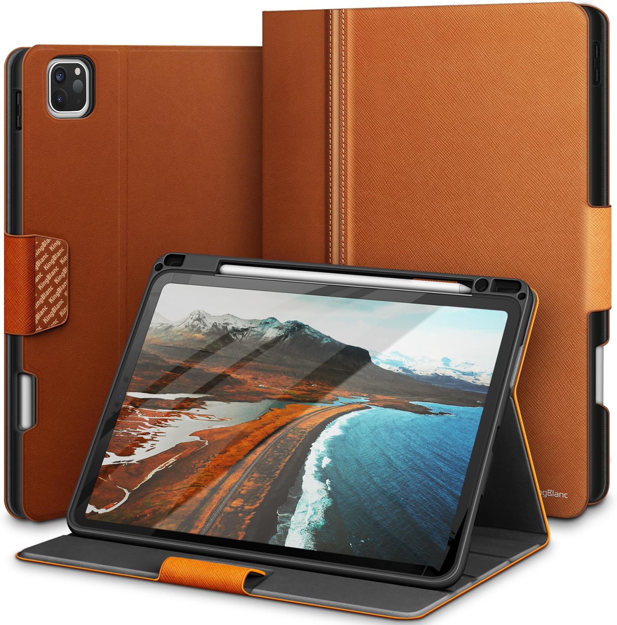 KingBlanc Case for iPad Pro 11 inch 4th/3rd/2nd/1st Generation (2022/2021/2020/2018) with Pencil Holder, PU Leather Protective Stand Folio, Auto Sleep/Wake, Multi-Angles for Viewing/Typing, Brown
