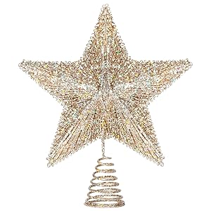 Luxspire Christmas Tree Star Topper, LED Glitter Metal 3D Christmas Decorations Lights, Remote & USB Operated Star Treetop for Home Party, 6H Timer & 8 Lighting Modes, Champagne Gold