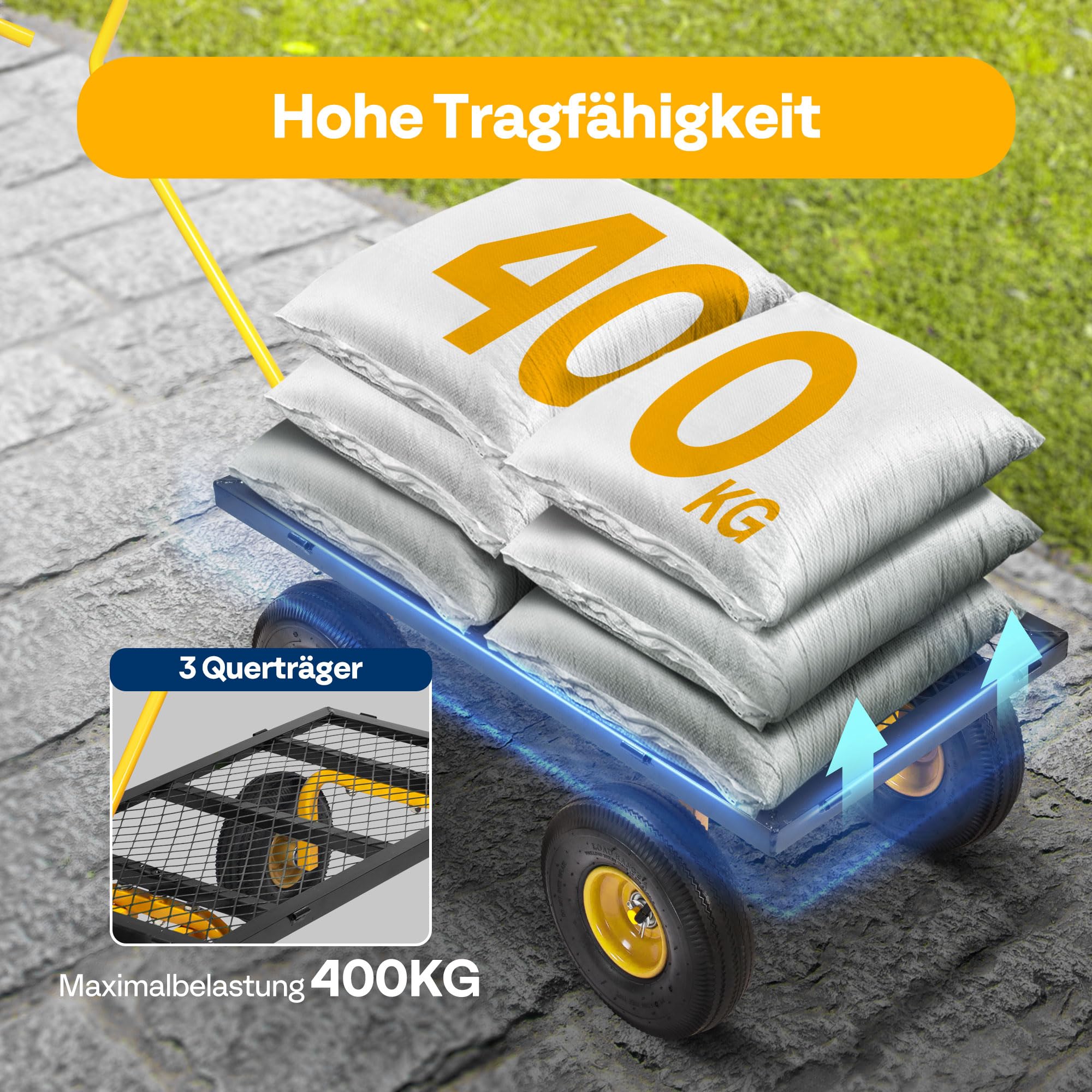VIVOHOME Gartenwagen mit Abnehmbaren Seiten und Luftreifen, Belastbarer Transportwagen bis 400kg mit 180° Drehbarem Griff für Garten und Outdoor Einsätze