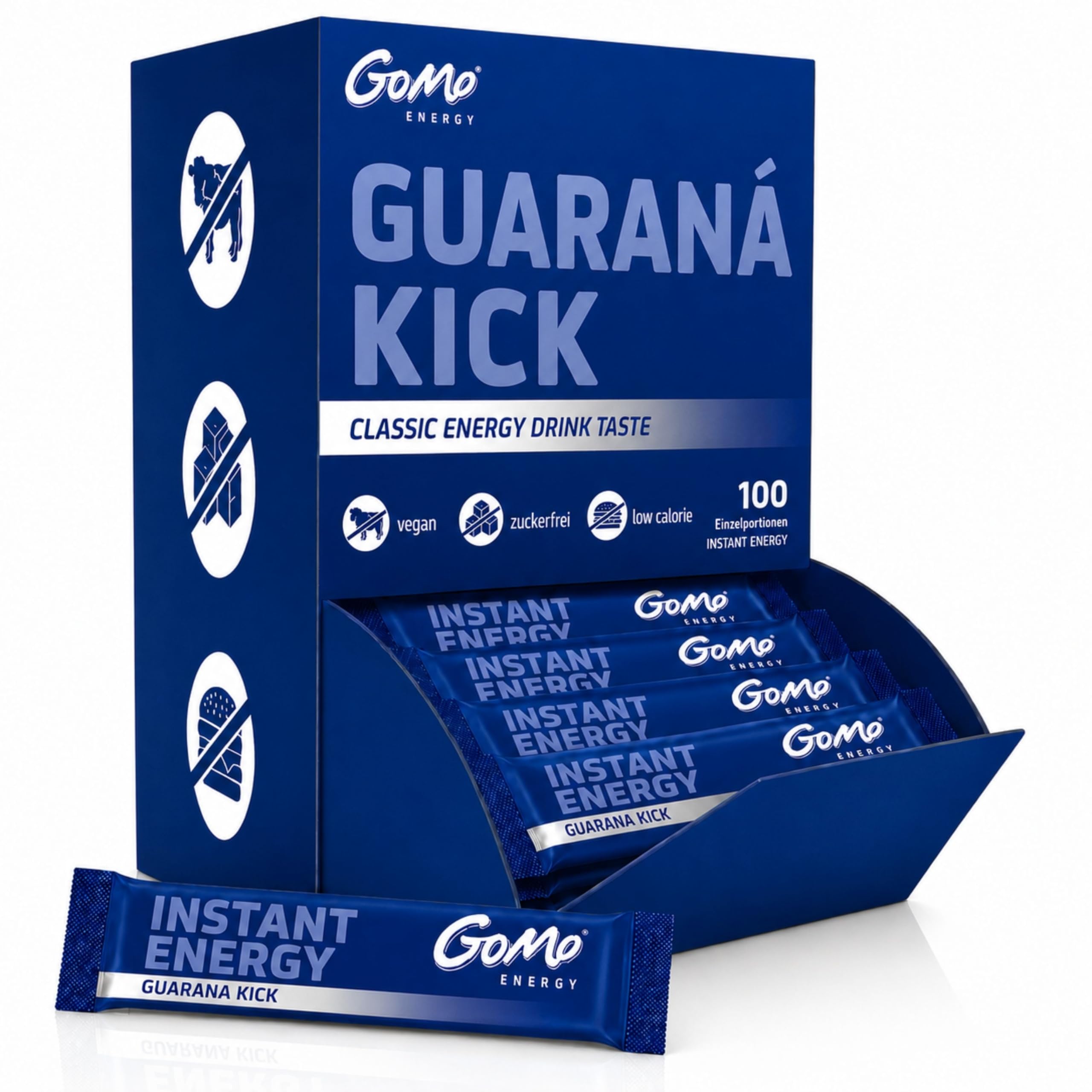 GoMo ENERGY – Instant Energy Getränkepulver mit Guarana, Koffein, Taurin & Vitamin-B-Komplex – zuckerfreier Instant Energy Drink – Wachmacher mit Energy Geschmack (Guaraná Kick) (100 Stk)