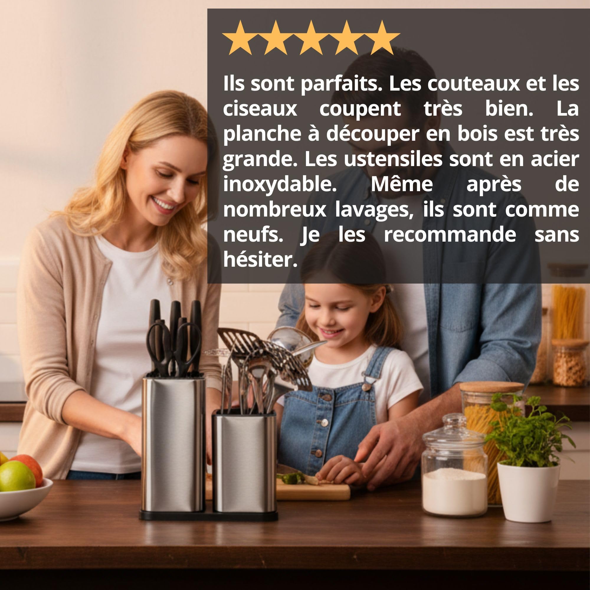 Kit complet de Couteaux et Ustensiles de Cuisine de 17 pièces en Acier Inoxydable avec Couteaux Set Ustensile Support et Planche Kit Ustensiles Cuisine Inox Accessoires de Cuisine