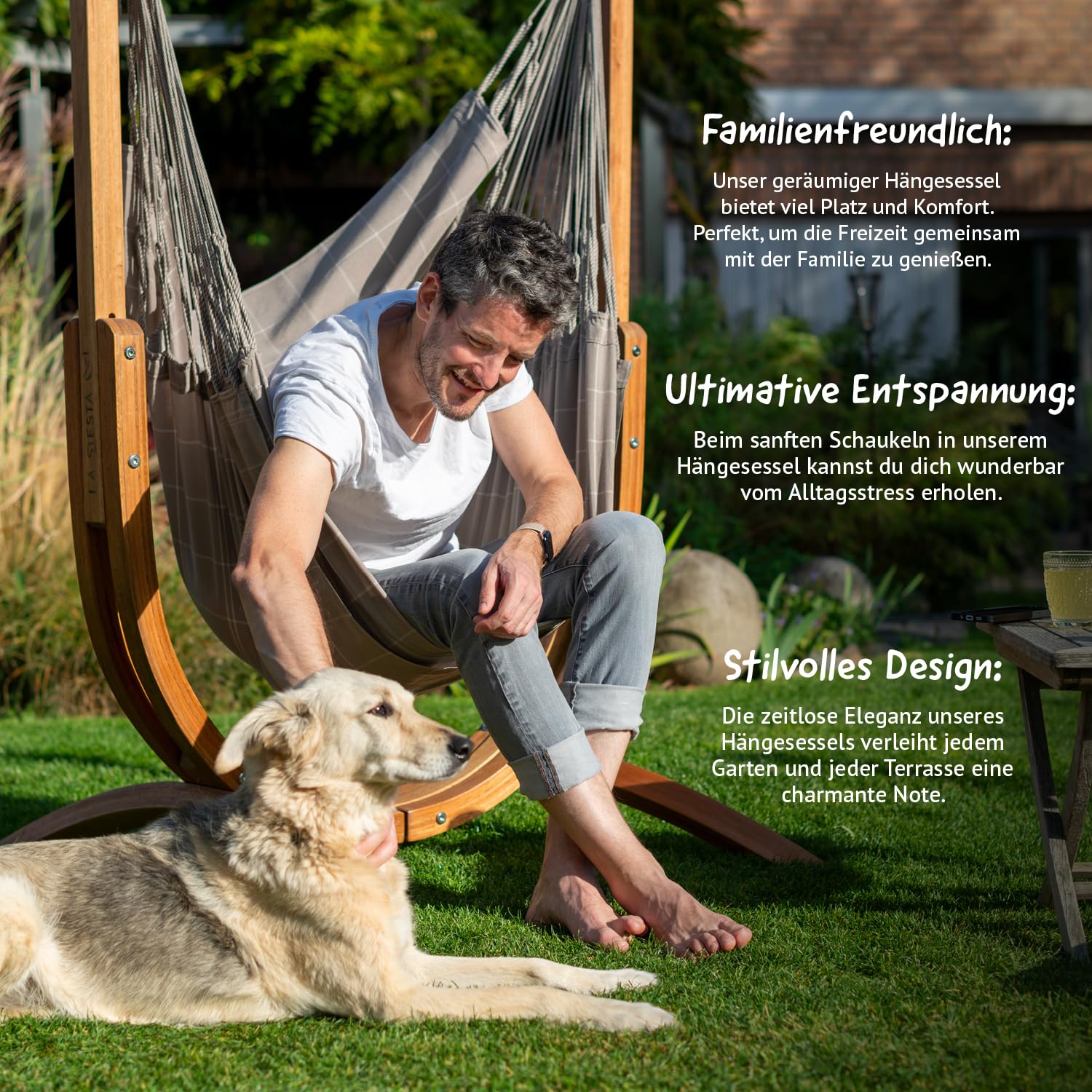 LA SIESTA® – Wetterfester Hängesessel Udine Mit Holzständer – Handgefertigter, Reißfester Outdoor-Hängesessel Mit FSC-Zertifiziertem Eukalyptus-Gestell für Außenbereich – Almond