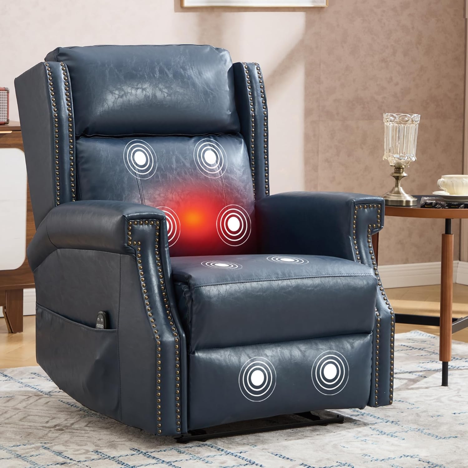 Manual Recliner Chair with Massage & Lumbar Heat, Faux Leather Push Back Recliner with Heavy Duty Motion Mechanism 165° Near-Flat Reclining for Living Room Home Theater