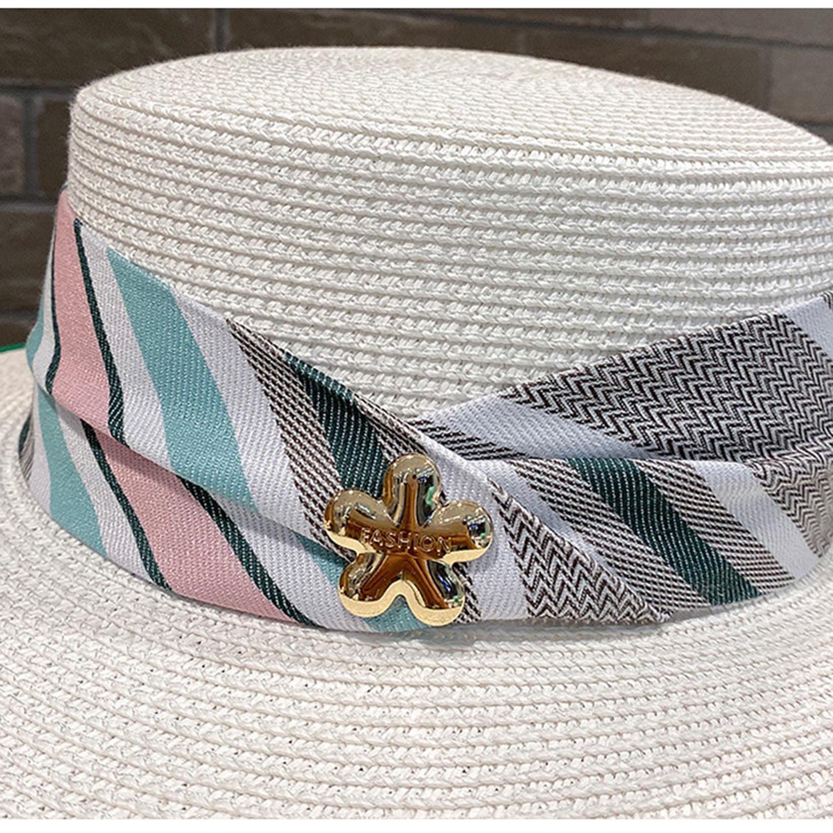 Damen Sonnenhüte für Sommer Strohstrand Flacher Hut Sonnenschutz Breitkehne Boater Hut khaki-56-58cm
