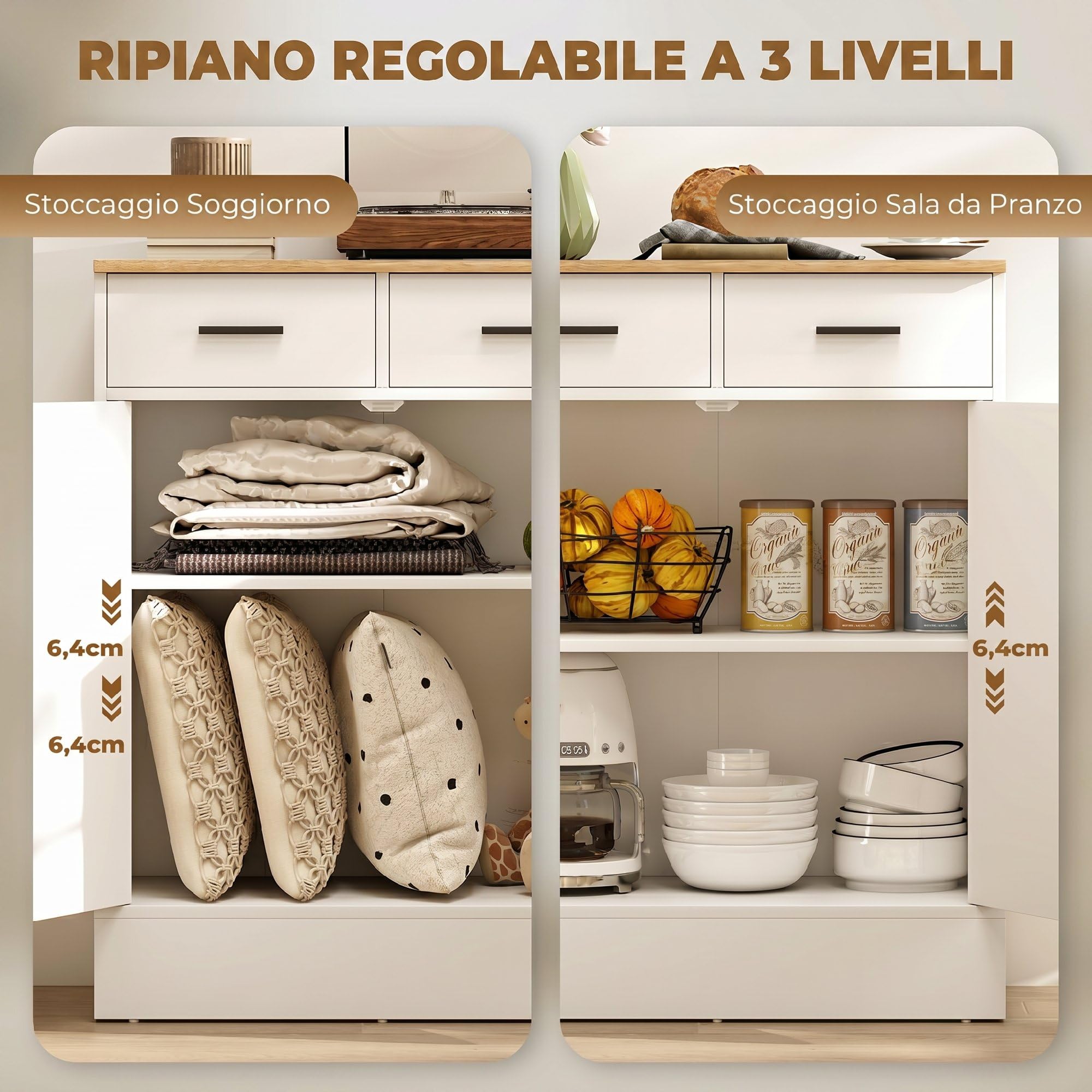 HOMCOM Credenza Cucina con 2 Cassetti e Armadietto 2 Ante, Mobile Cucina Moderno con Ripiano Regolabile, Credenza Buffet per Soggiorno, Sala da Pranzo e Salotto, 68.6x35x90.3 cm, Bianco e Color Legno