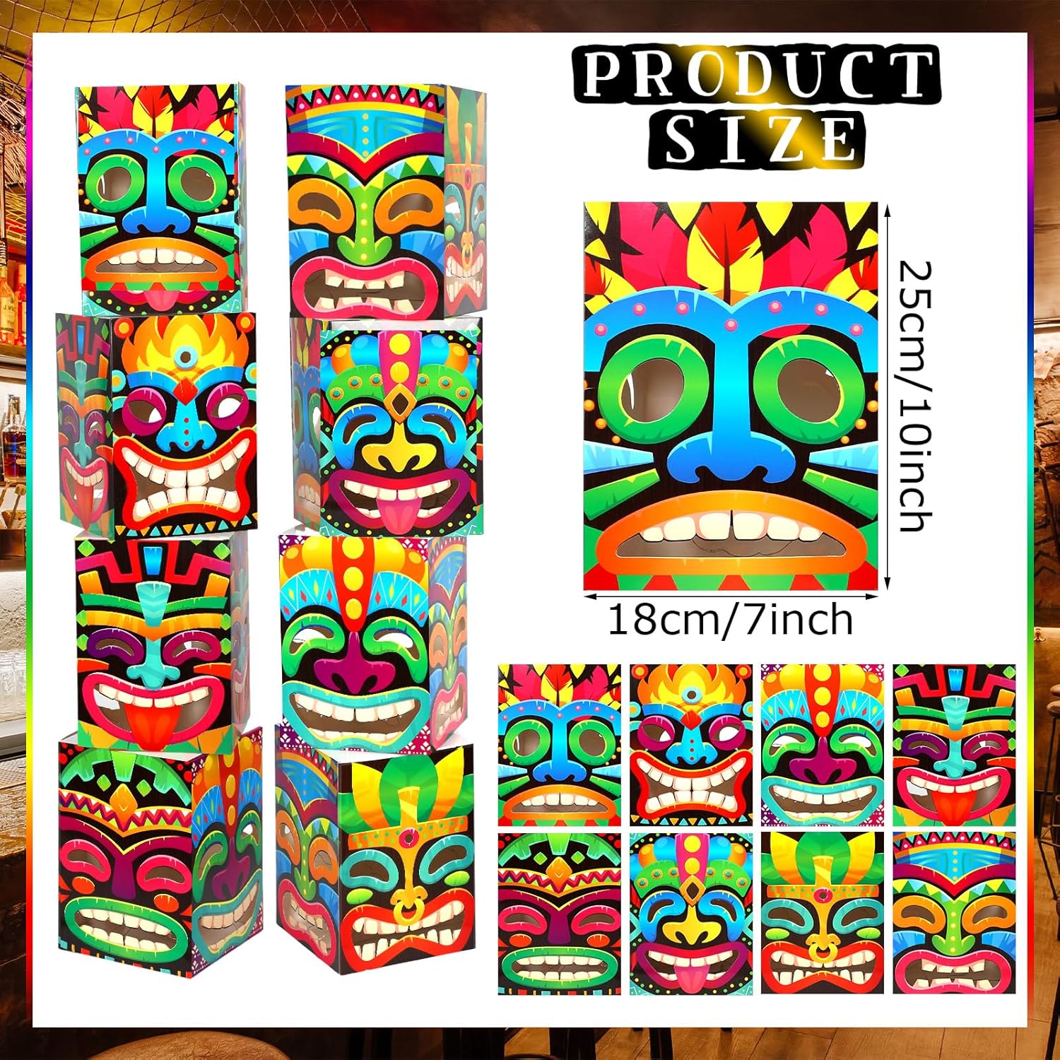 Janlaugh 16 Pcs Tiki Totem Box Decor with Light, Luau Party Decorations for Hawaiian Birthday Party Tropical Aloha Decor 9.84 x 7.09 Tiki Lighted Gift Boxes for Garden Patio Porch Outdoor Decor