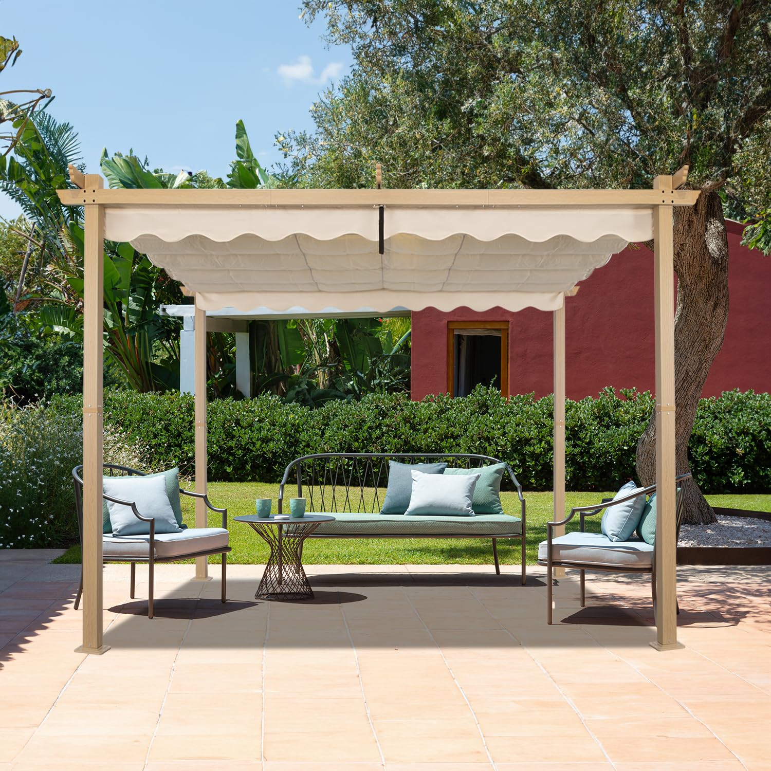 Angel Living 3 x 3 m Pergola en Aluminium, Coulissant rétractable, Tissu en Polyester de Haute densité, Hydrofuge et résistant aux Rayons UV, abri de Jardin pour Jardin, terrasse Beige