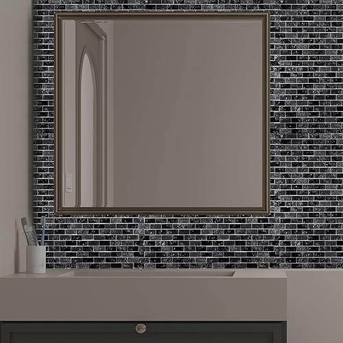 Miniatura 7 de Azulejo de mosaico de vidrio para salpicadero negro y gris de 12 x 12 pulgadas para salpicadero de cocina, baño y ducha (paquete de 5, 5 pies
