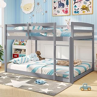 Giantex Full Over Full Bunk Bed, Solid Wood Kids Bunk Bed with Full-Length Guardrails, Integrated Ladder & Anti-Tippling Kits, Low Bunk Beds with Slats Support for Kids, Teens, Grey