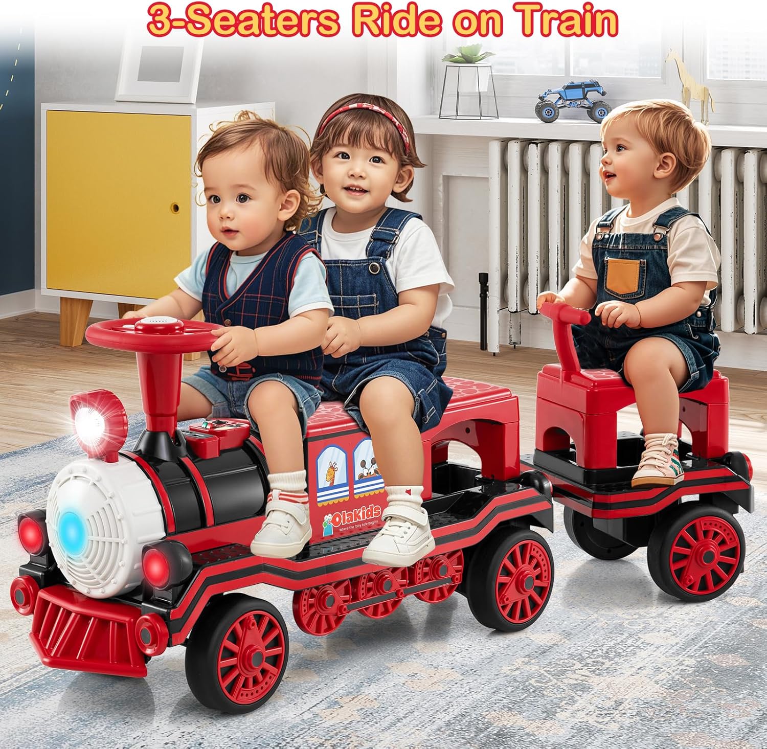 OLAKIDS 2-Seater Kids Ride on Train Trackless, 12V Battery Powered Electric Toy with Train Whistle, Music, LED Lights, 2 Speeds, Soft Start, Gift for Toddlers Boys Girls