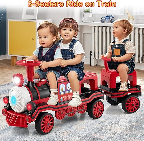 Miniatura 2 de OLAKIDS Tren de paseo para niños de 3 plazas con carruaje sin rieles, juguete eléctrico de 12 V con silbato de tren, música, luces LED, 2