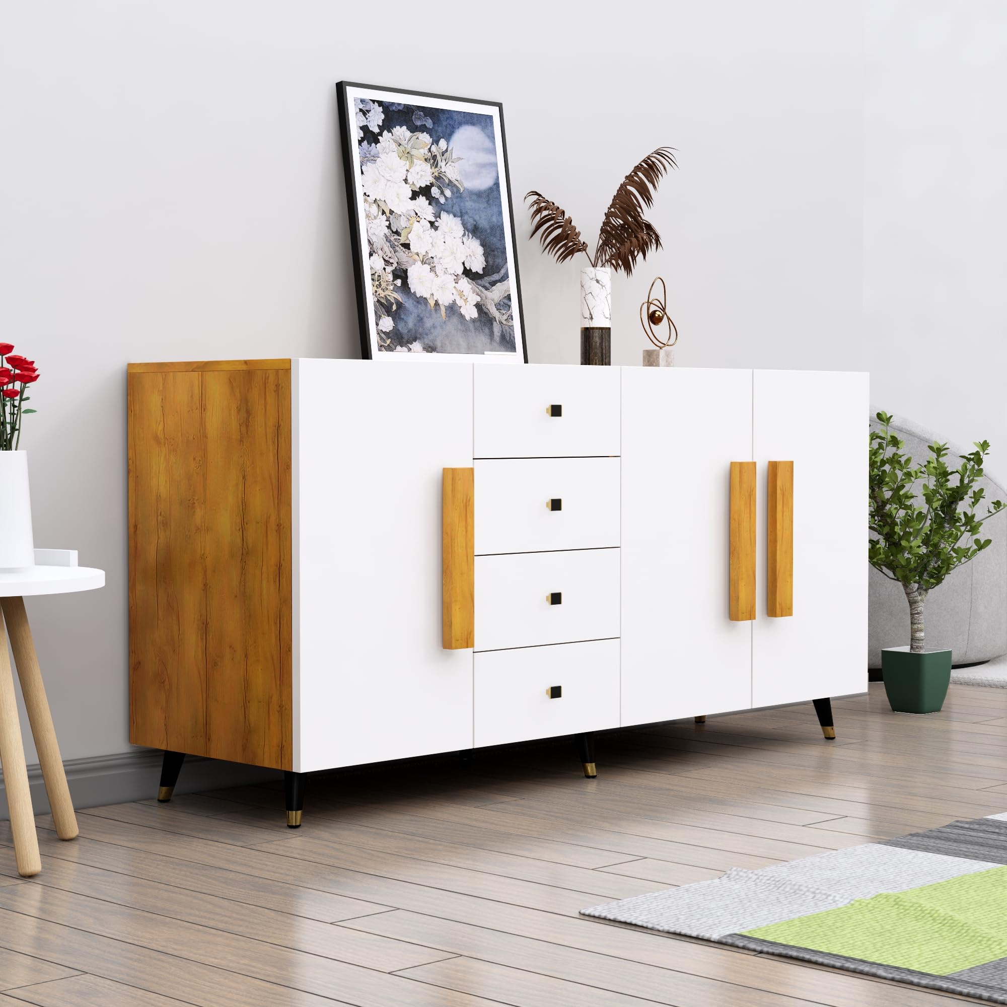 Bniture Multipurpose Storage Cabinet for Living Room, Kitchen, Office, Sideboard Cabinet with 4 Drawer and 3 Door Storage (Giant Wood & Frosty White)