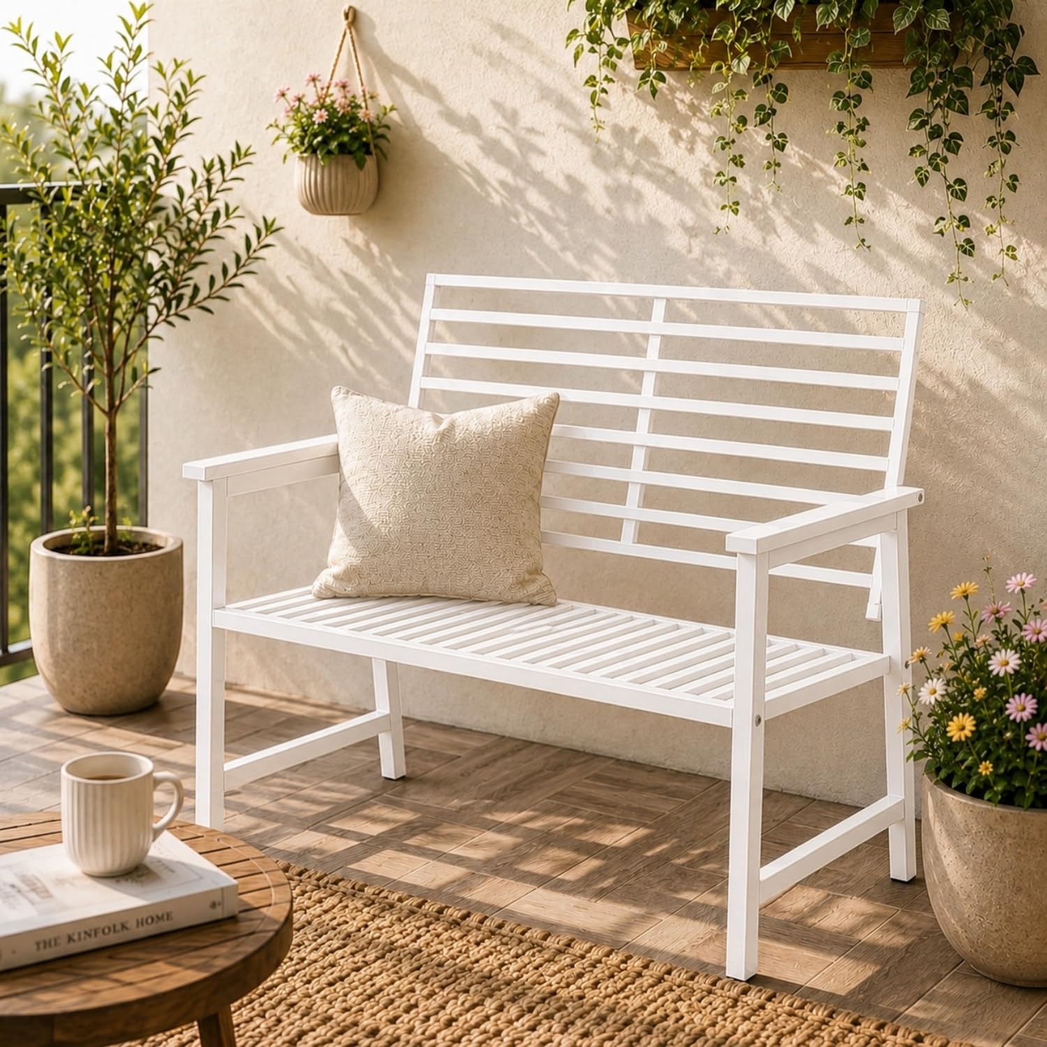 ecofynd 2 Seater Garden Bench for Indoor & Outdoor Park, 3.5 Feet Long Heavy Duty Waterproof Outdoor Seating Bench for Home, Terrace, Patio, Living Room, Lounge & Balcony (GC003-WHT)-image-49