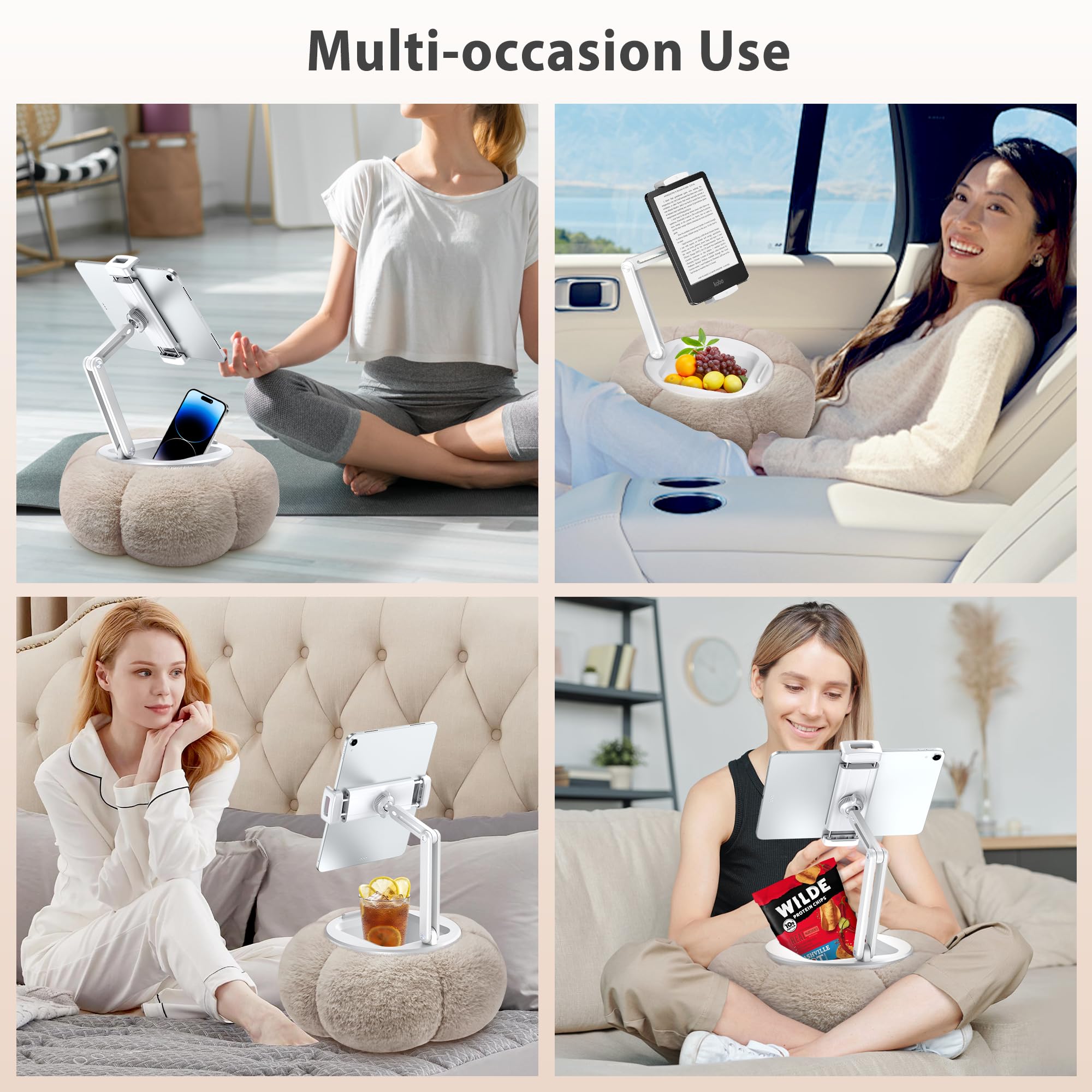 CreaDream Dyniowy uchwyt na poduszkę na tablet Kindle iPad, regulowany stojak na poduszkę na telefon z odpinaną miską na przekąski, kompatybilny z tabletami 11.9 cm-33.0 cm, iPad, iPhone, Samsung Tabs