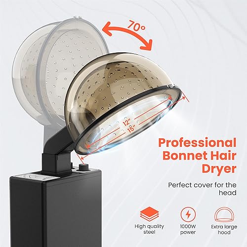 Miniatura 4 de TASALON Secador de pelo profesional con capó, 1000 W, acero inoxidable negro, soporte ajustable en altura y ángulo, inclinación de 70, capucha