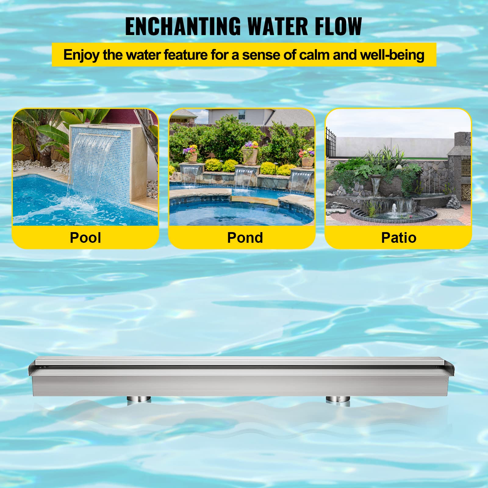 VEVOR Fontana per Piscina a Cascata 59,1 x 4,5 x 3,1 Pollici, Fontana per Piscina Rettangolare, Costruita in Acciaio Inossidabile Laghetto per Cascata, Fontana a Cascata da Giardino