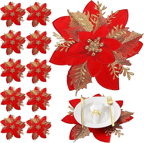 12 manteles individuales bordados de flor de Pascua de Navidad para decoración de Navidad, decoración de mesa de fiesta de Navidad, decoración de