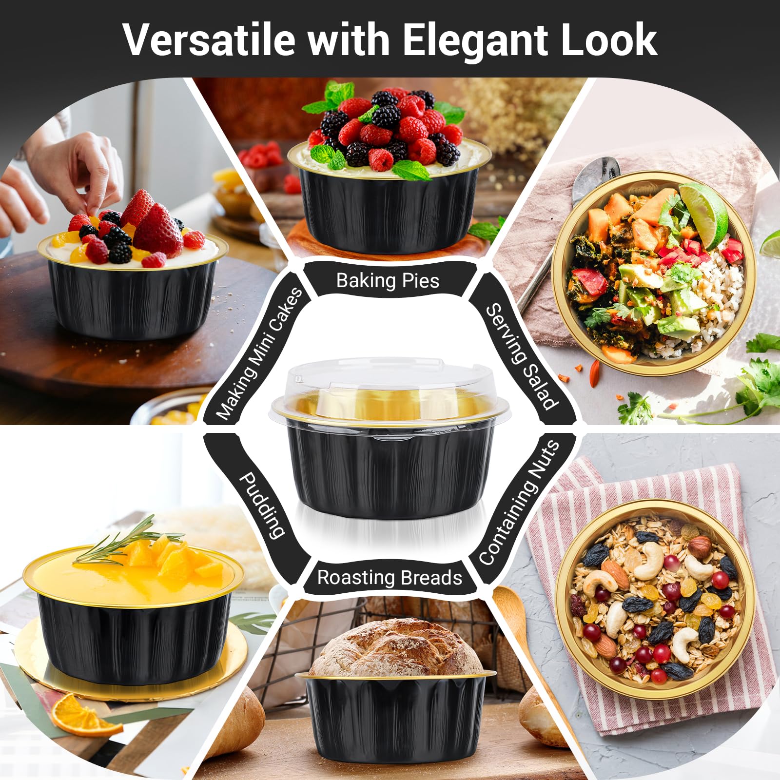 EUSOAR Ramequines desechables con tapas, color negro y dorado, 50 moldes de aluminio de 21 onzas con tapas, moldes para magdalenas, mini recipientes para pan de pastel con tapas para recuerdos de