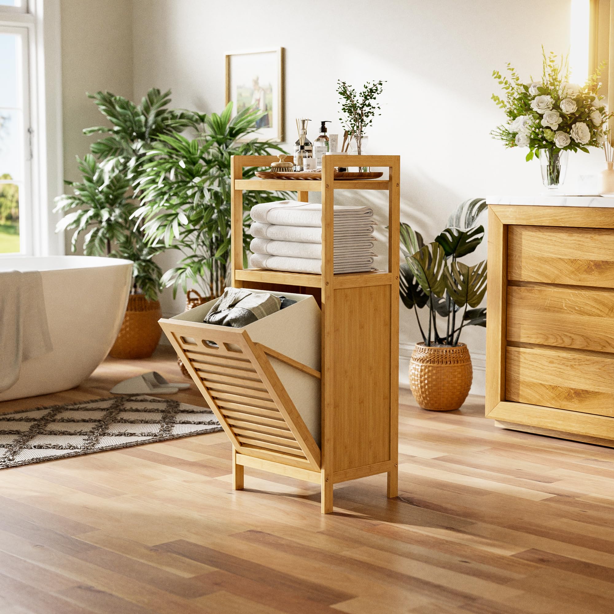 HITNET Mueble Ropa Sucia, Armario de Baño con 1 Cesta de Ropa Sucia y 2 estantes Abiertos, 40L Bolsa Interior Extraíble con Asas para Sala de Estar y Dormitorio, Natural