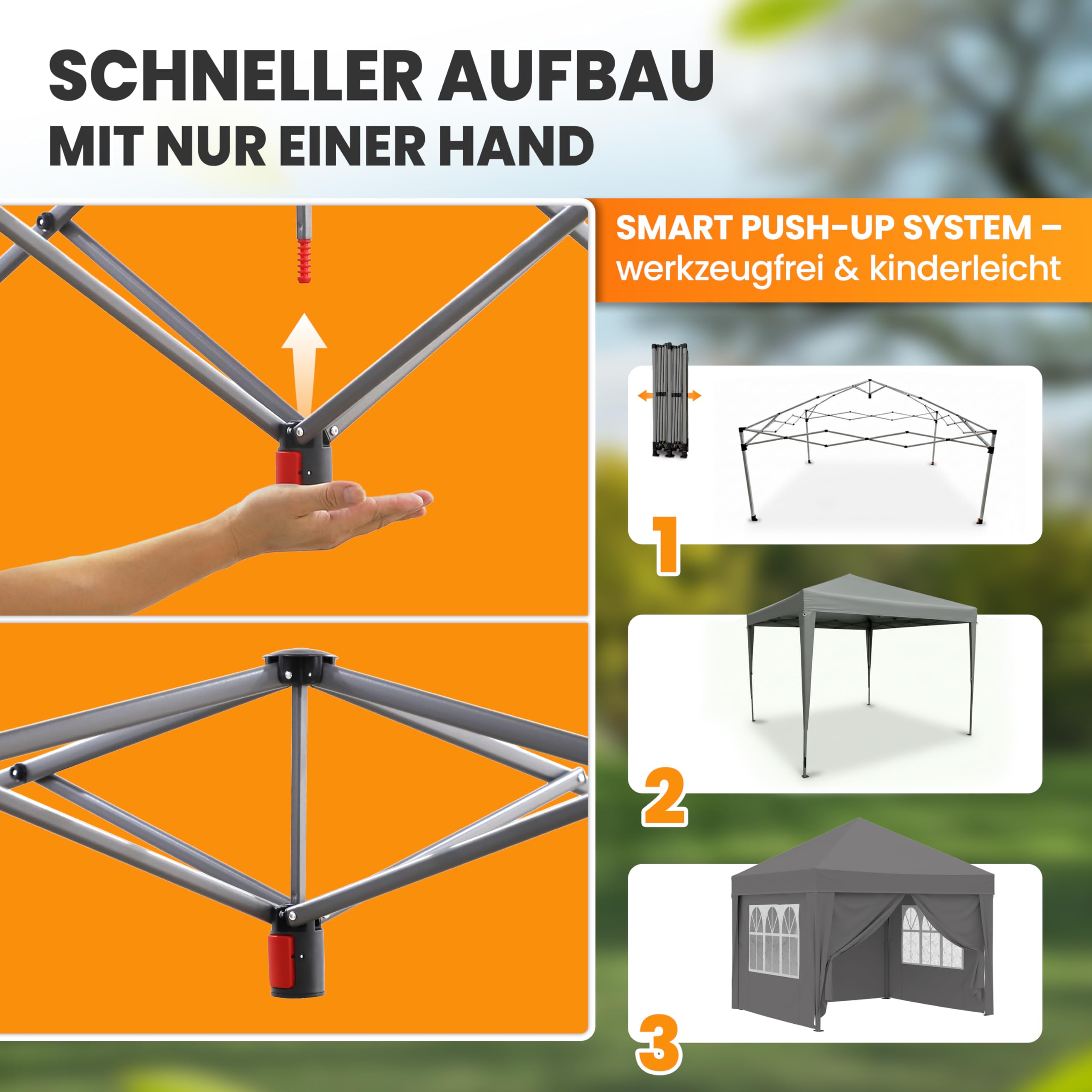NATURIZ® Pavillon 3x3 Wasserdicht Stabil Hochwertig mit UV 50+ Schutz - Faltpavillon mit Seitenwänden - Pop Up Zelt für Garten, Camping, Märkte - Gartenpavillon (Grau, 3x3m)