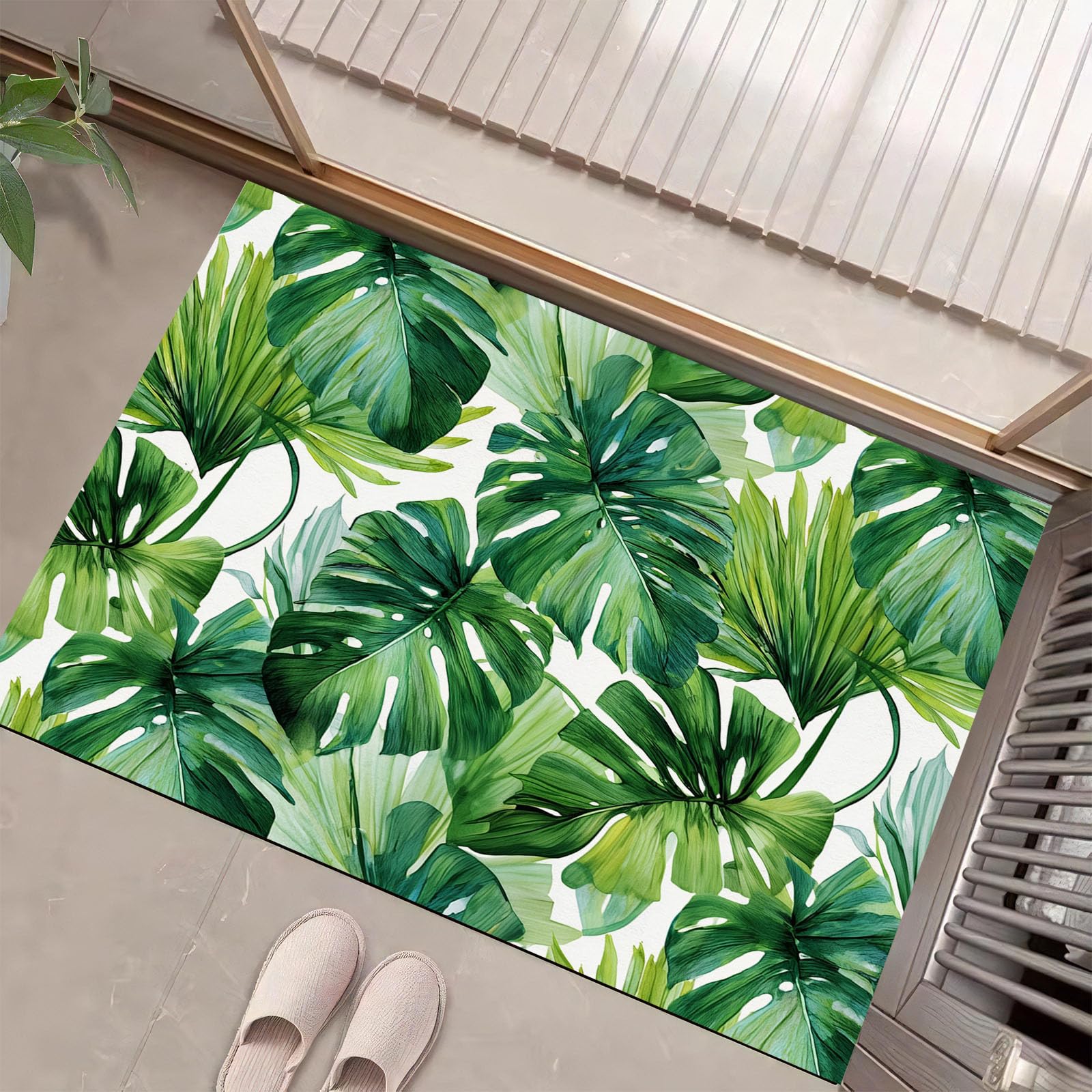 Tapis aquarelle monstera vert foncé 60x90 cm lavable et antidérapant pour entrée cuisine