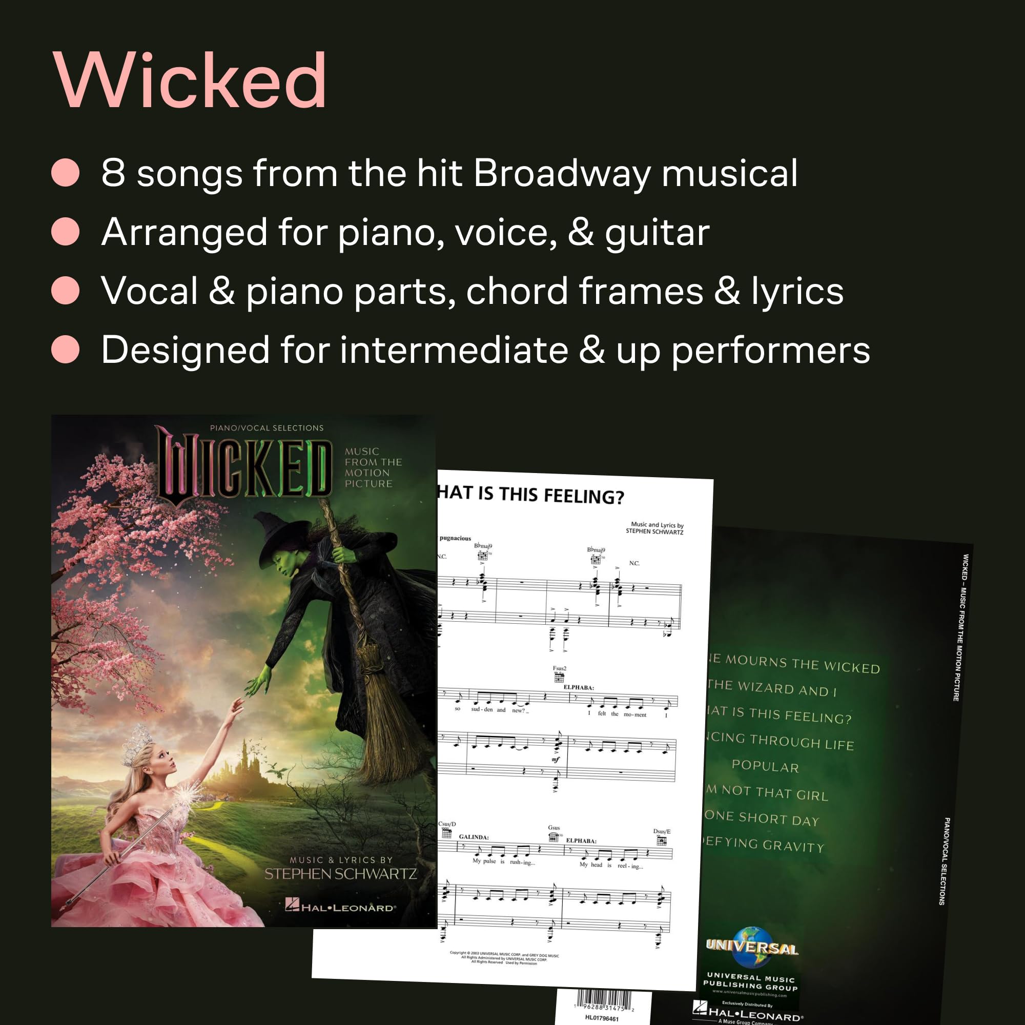Wicked Piano Vocal Movie Edition Stephen Schwartz | Mittelstufe Klavier Gesang Noten für Schüler Lehrer und Fans Songbook | Musical Theatre Repertoire ... Selections (Melody in the Piano Part