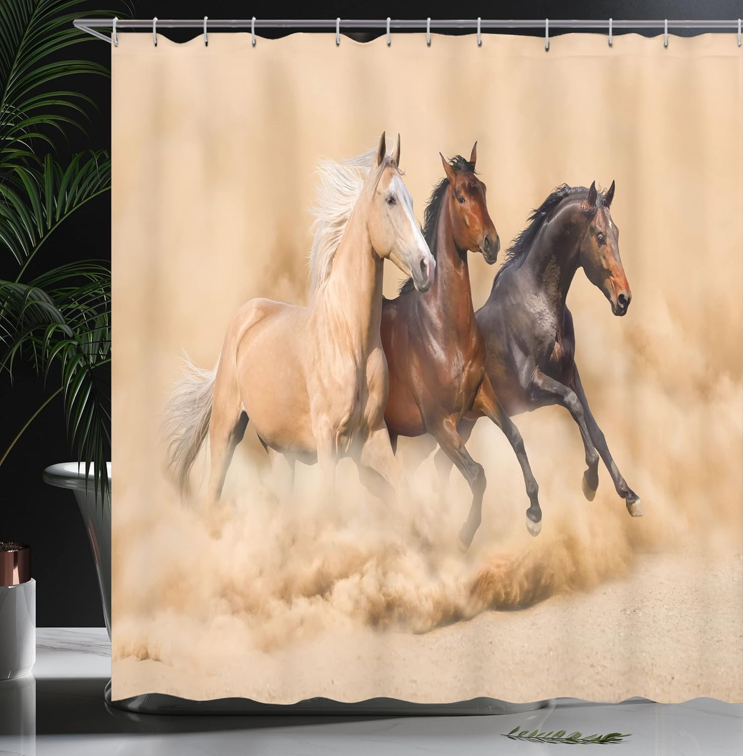 Ambesonne Horses Shower Curtain, 3 Horse Running in Desert Storm Mythical Mystic Messenger Animals Habitat Print, Cloth Fabric Bathroom Decor Set with Hooks, 69" W x 75" L, Brown Cream