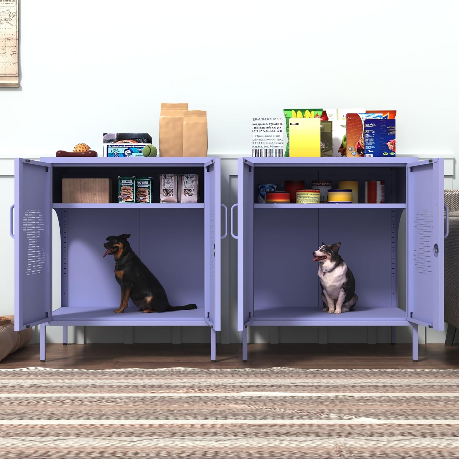 2 Door Dog House Multifunctional Storage Cabinet with Lockable Pet Enclosure and Adjustable Shelf Indoor Outdoor Storage for Dog Food and Miscellaneous Items Purple Size: 33"H x 29.5"W x 19.7"D