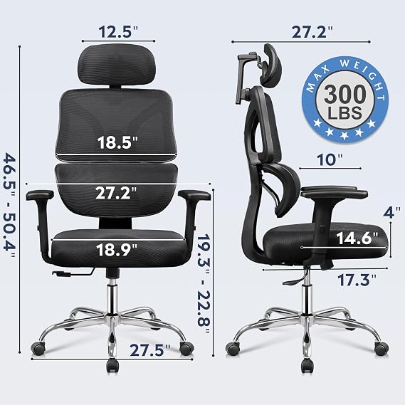 DEVAISE Office Chair Big and Tall Reclining Ergonomic Desk Chair for Long Hours, Comfy Breathable Mesh, Adjustable Armrests with Lumbar Support, Black