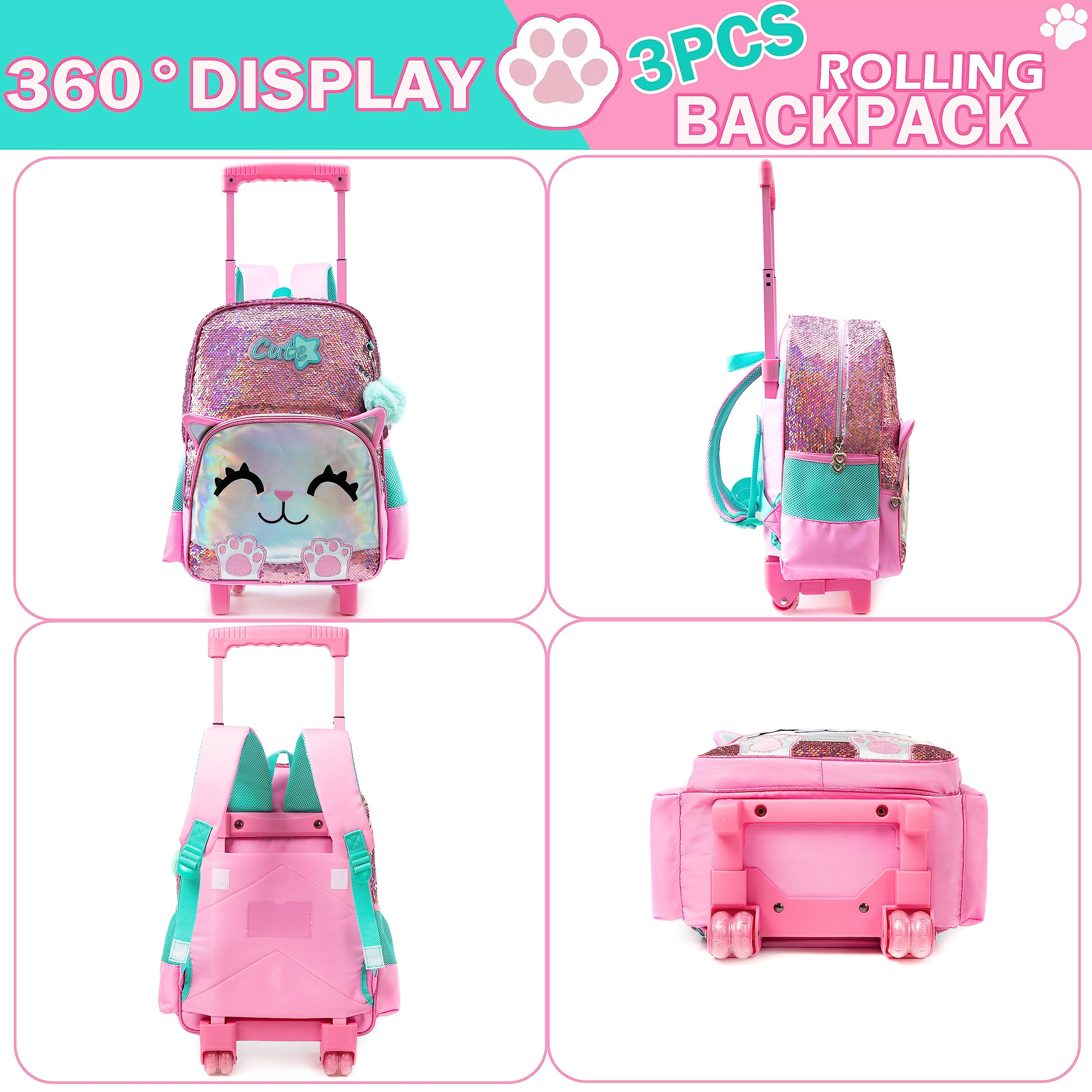 Meetbelify Zaino mobile per ragazze zaino della scuola di gatto rosa carino con le ruote bambini Sequin rullo bagagli per gli studenti della scuola elementare pranzo per ragazze