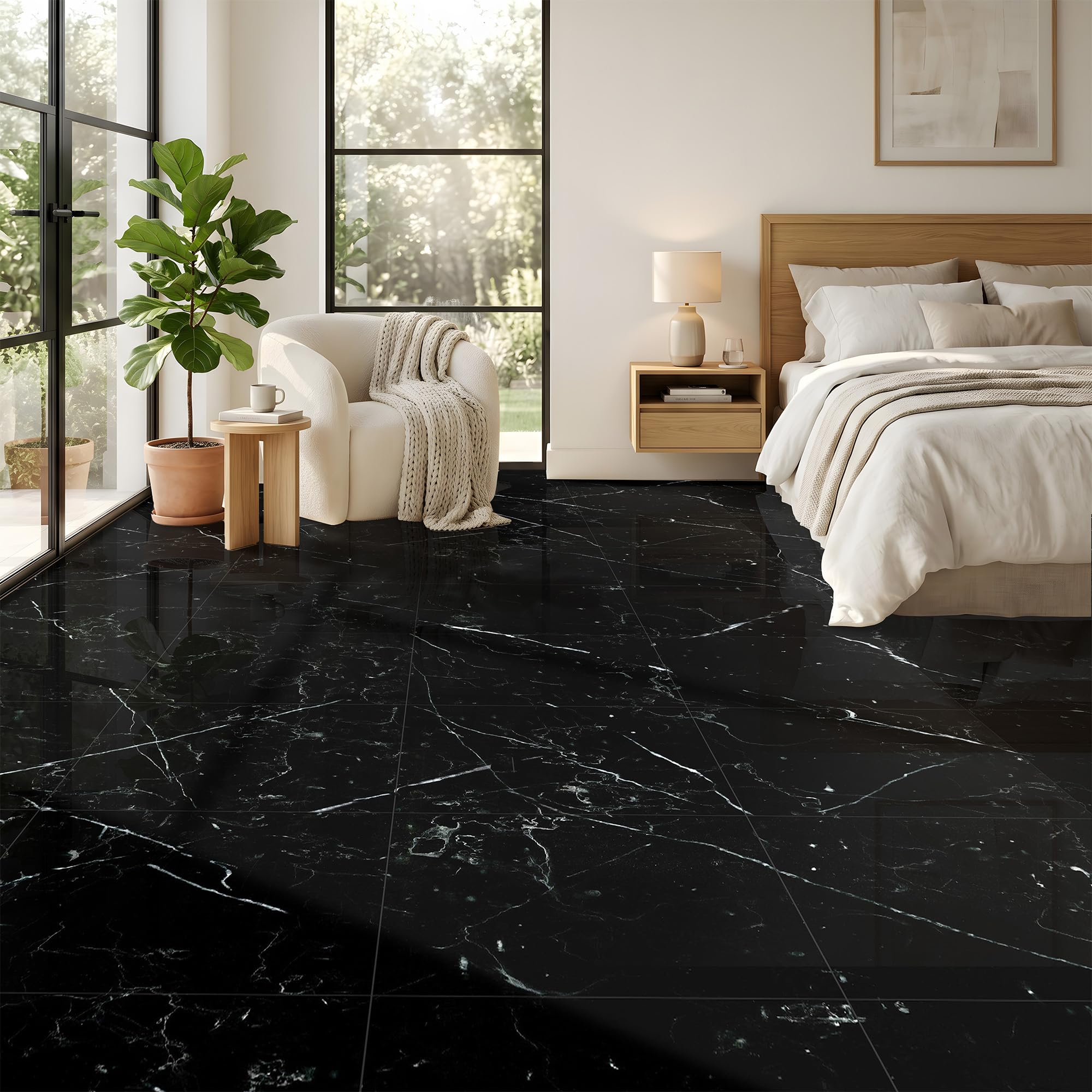 RORA Lot de 37 dalles de sol autocollantes en vinyle imperméable 80 SF 45,7 x 45,7 cm | Revêtement de sol autocollant en vinyle, motif marbre noir pour salle de bain, cuisine, buanderie, salon, sous-sol