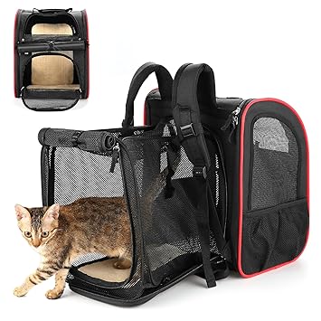 Farexon Cat Carrier Backpack, Expandable Dog Backpack with Safety Clip Inside,Breathable Mesh, Safety Buckles, Collapsible Bowl, Thick Pad, Pet Travel Bags for Small Dogs, Cats, Black