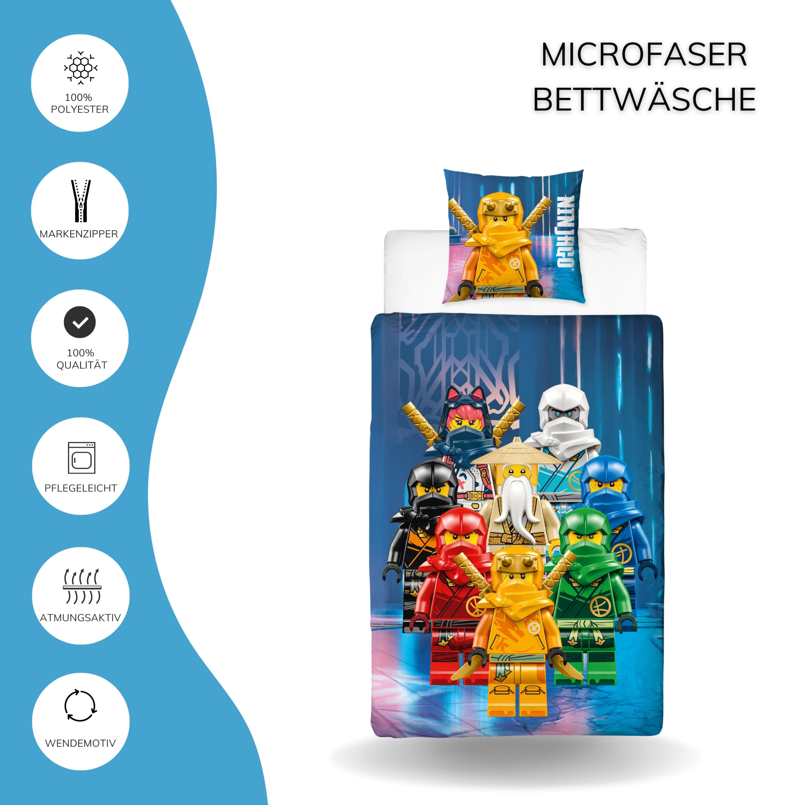 Lego Ninjago - Juego de Cama Infantil de 135 x 200 cm, 1 Funda de Almohada de 80 x 80 cm y Funda nórdica de 135 x 200 cm con Cremallera, Reversible, diseño de abanicos
