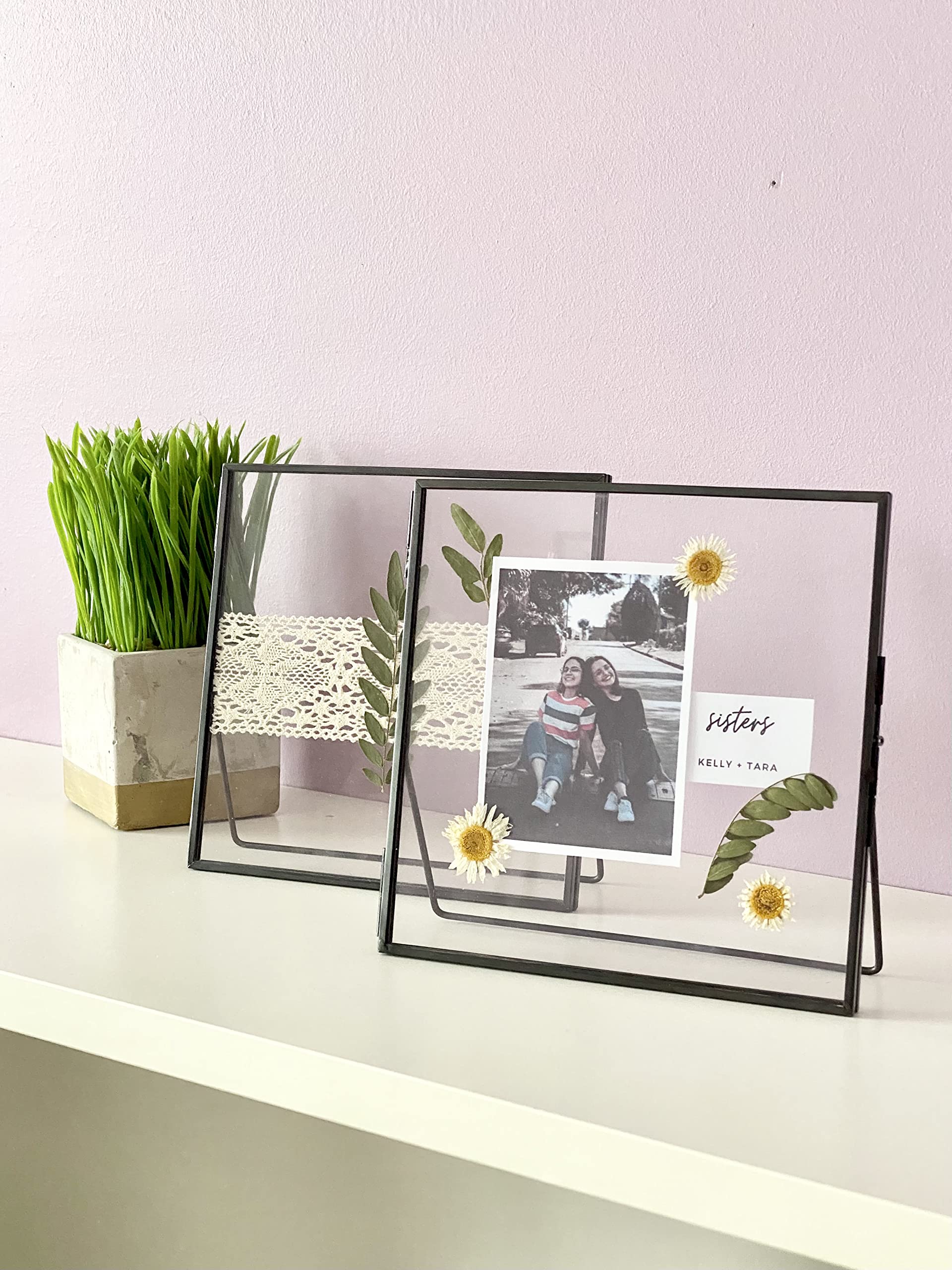 Beedecor Marco de cristal doble para flores prensadas, fotos Polaroid y obras de arte, marcos de fotos de metal negro de 5 x 7 pulgadas, decoración del hogar, juego de 2 marcos de flores prensadas con