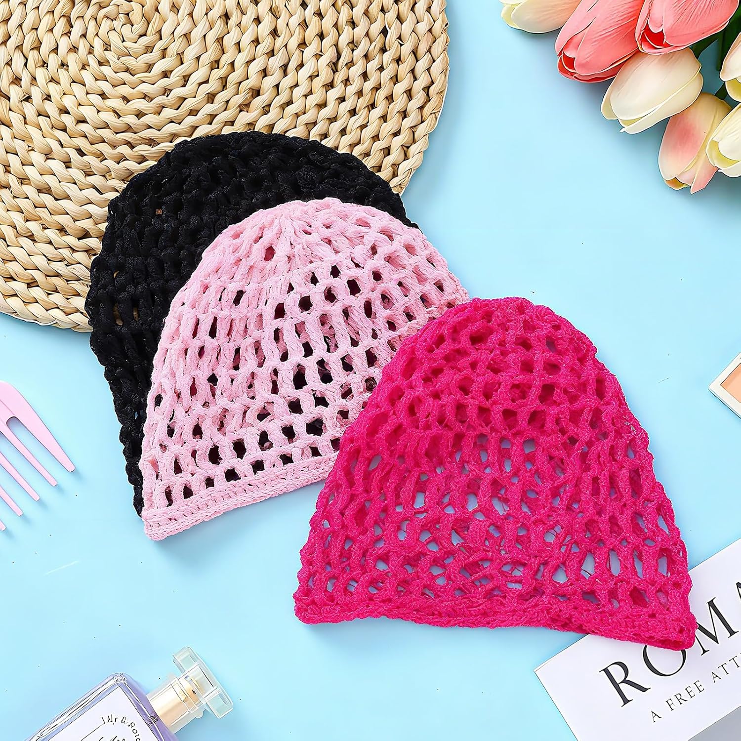 Suncalla Mesh Hair Net for Sleeping Crochet Wrap Cap,Black, Pink, Rose Red