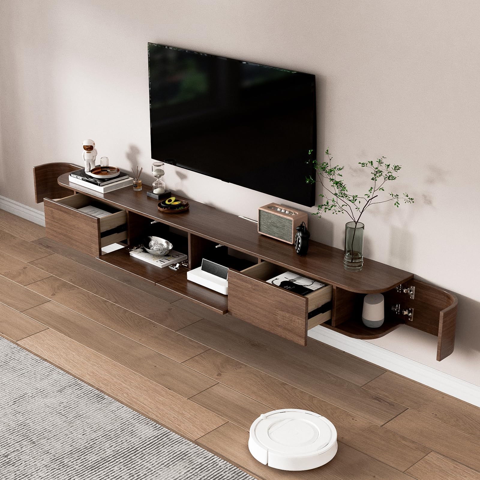 Schwebender TV-Ständer Aus Massivholz, Hochglanz-TV-Wandschrank, Schwebende TV-Regale Mit Tür Und Schubladen, Moderne Entertainment-Medienkonsole (Braun + LED, 240 cm)