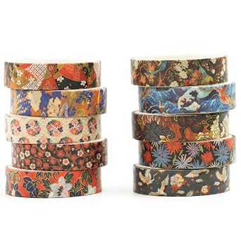 10 Rolls Ukiyo-e Style Washi Tape Set Japanese Kyoto Arts Adhesive Tapes Skinny Decorative Masking Tape Sets for Craft, Kids, Scrapbook, DIY, Gift Wrapping Edo Elegance