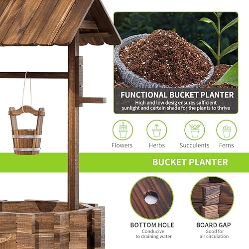 Miniatura 4 de Aoxun Macetas de madera con cubo colgante, ayudante de jardín, decoración rústica de jardín para exteriores, patio y patio, mejoradas, base