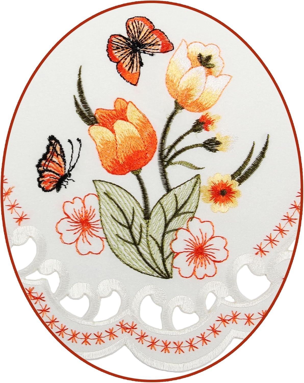 Orange Tulips and Butterflies Embroidery Doily 16-inch/ 40 cm Round Polyester, White