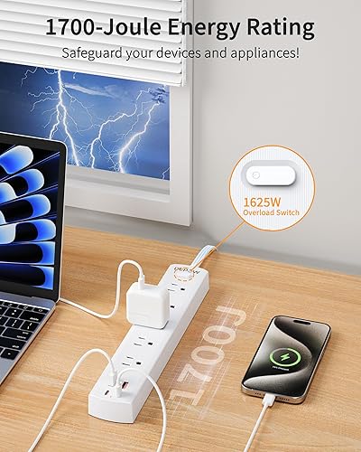 Miniatura 5 de Regleta protectora contra sobretensiones con 5 salidas de CA (1625 W/13 A), 4 puertos USB (2 USB C), cable de extensión ultrafino de 5 pies, enchufe
