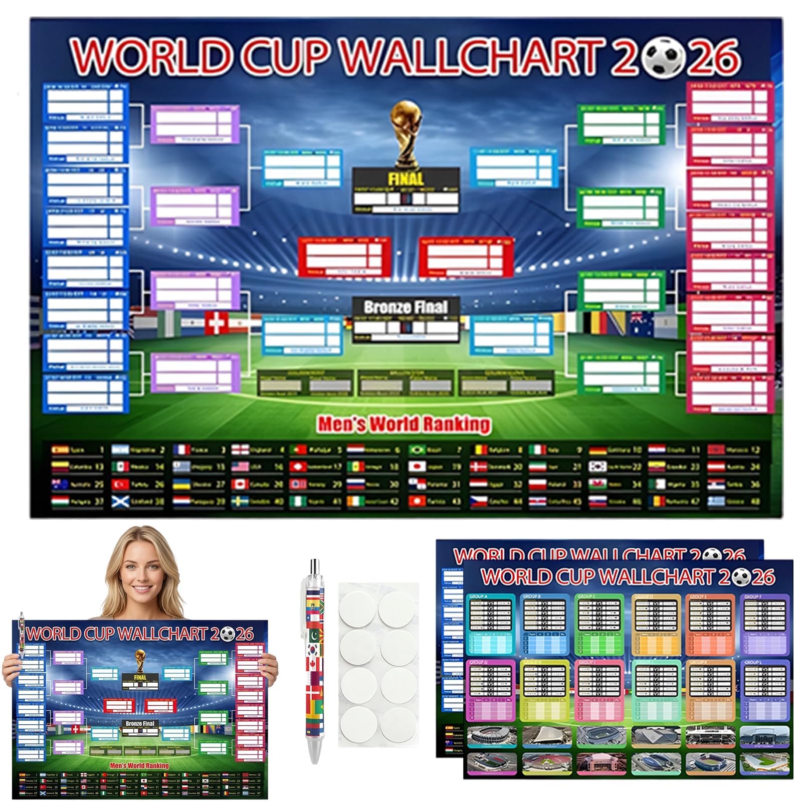 QiiWuic World Cup Wall Chart 2026, 87ร58cm Interactive Foldable Poster and Handwritten Pen, World Cup 2026 Football Match Schedule Chart, Ideal for Football Enthusiasts and Sports Bar Displays